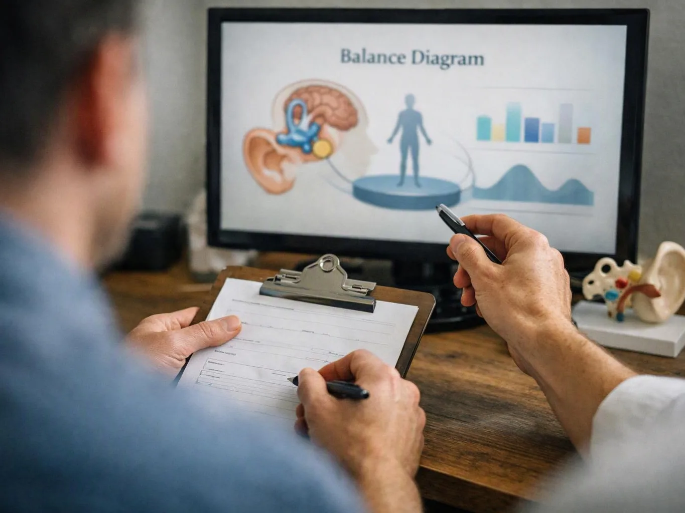 Two people review a clipboard while a screen shows a balance diagram, charts, and an ear model on a desk