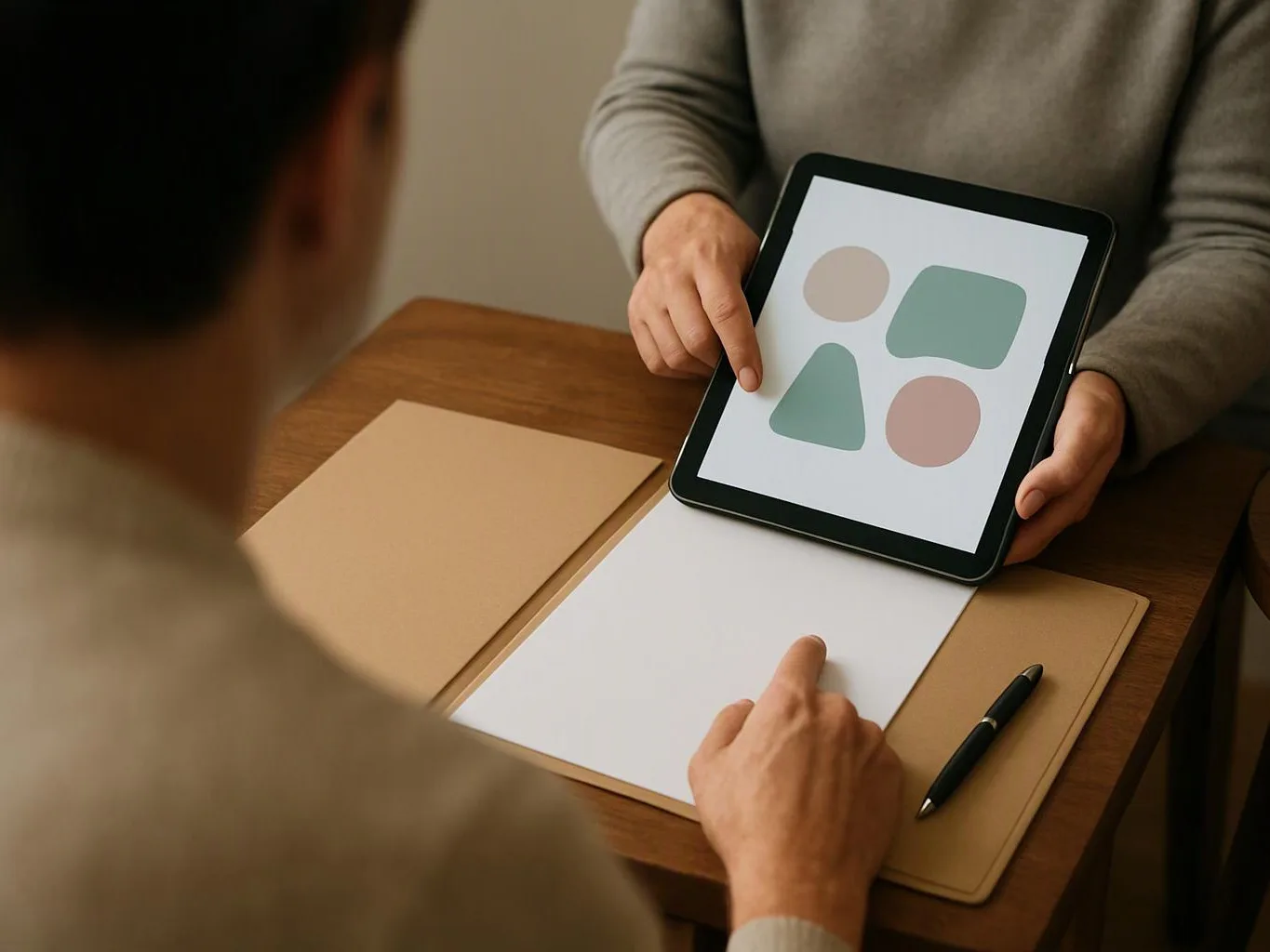 Two people review a tablet with colored shapes over papers on a wooden table