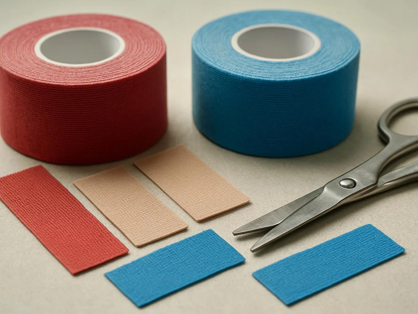 Two rolls of colored adhesive tape sit beside cut strips and open scissors on a plain tabletop