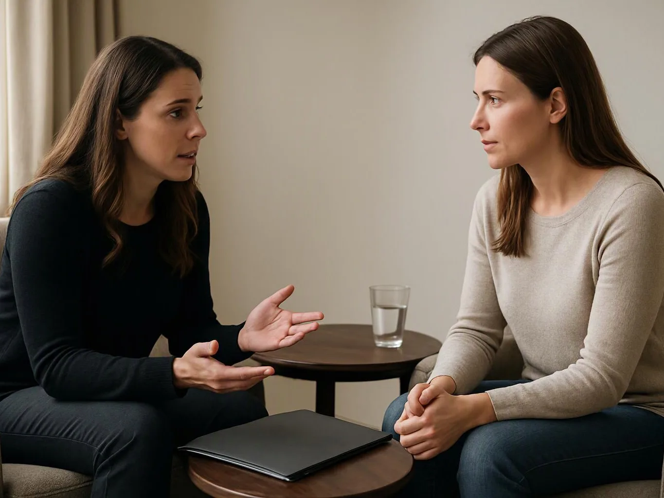 Two women sit facing each other in a quiet room, talking beside a small table with a glass of water and a closed folder