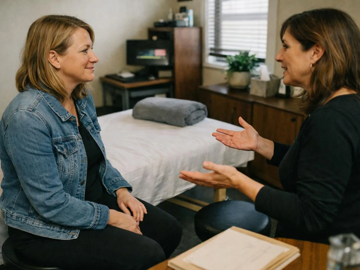 Two women sit facing each other in a small treatment room, talking beside a bed and desk