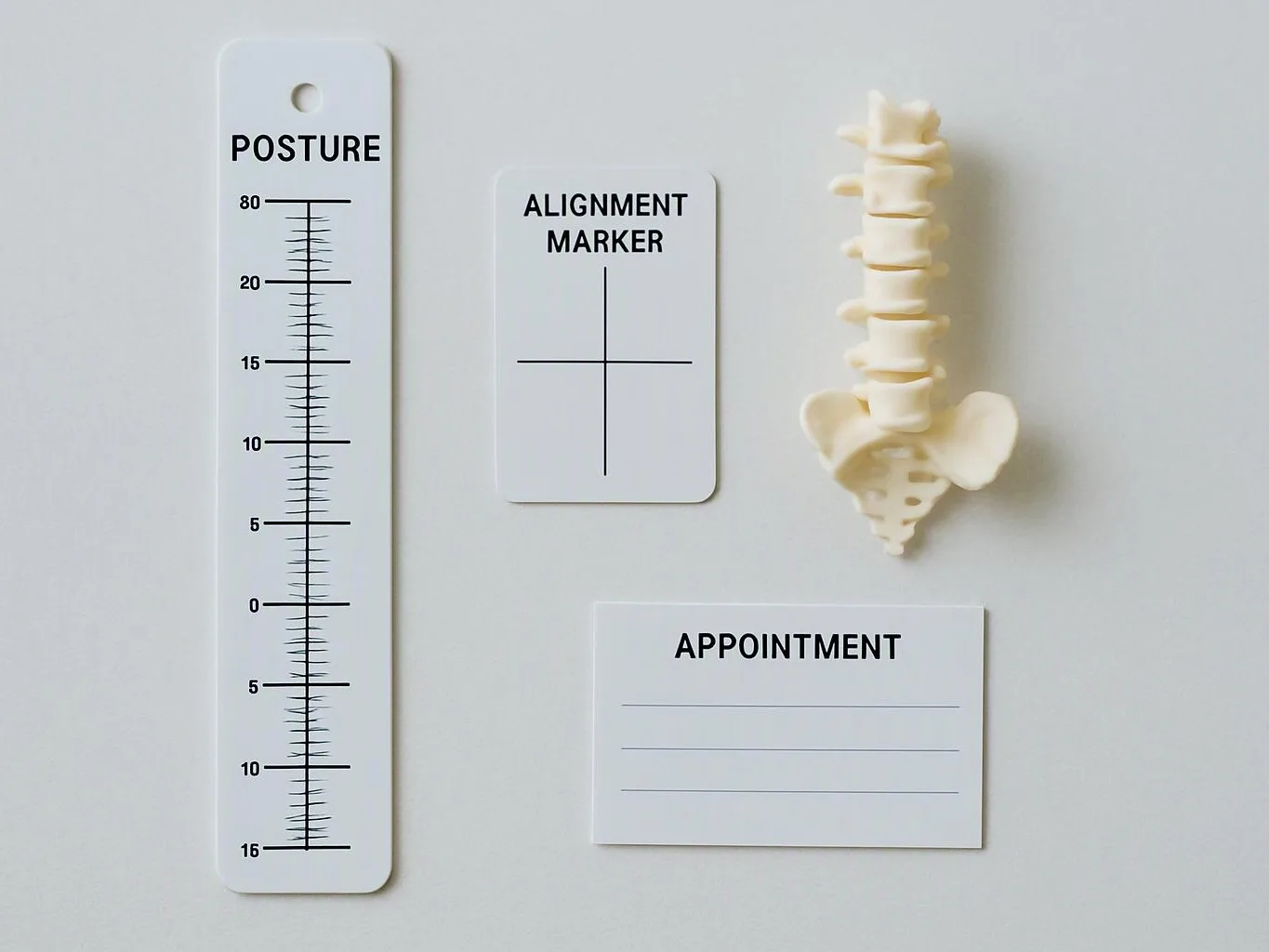 A white tabletop displays posture and alignment cards beside a small plastic spine model and an appointment card