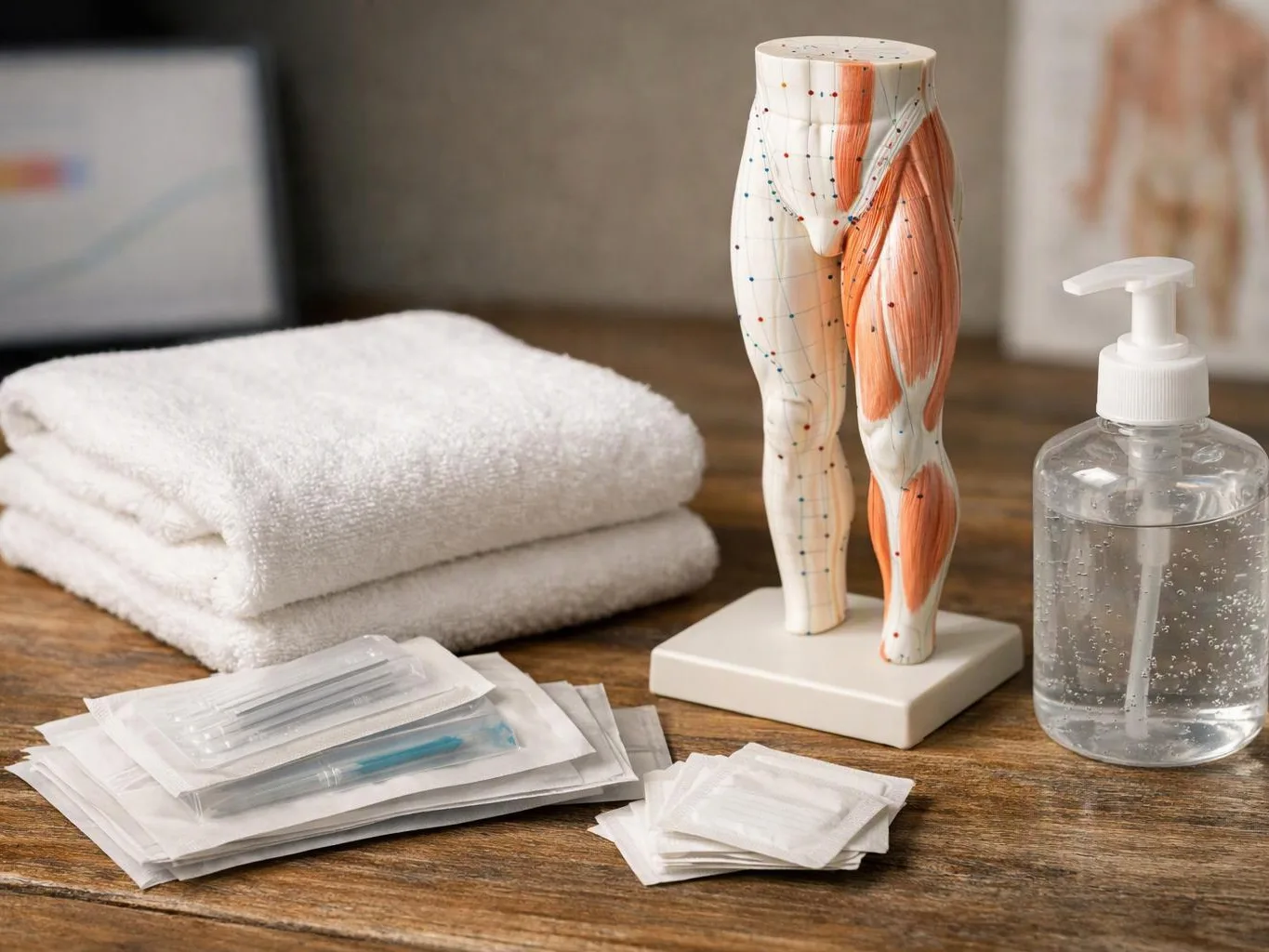 White towels, acupuncture needles, a muscle model, and a pump bottle sit on a wooden table