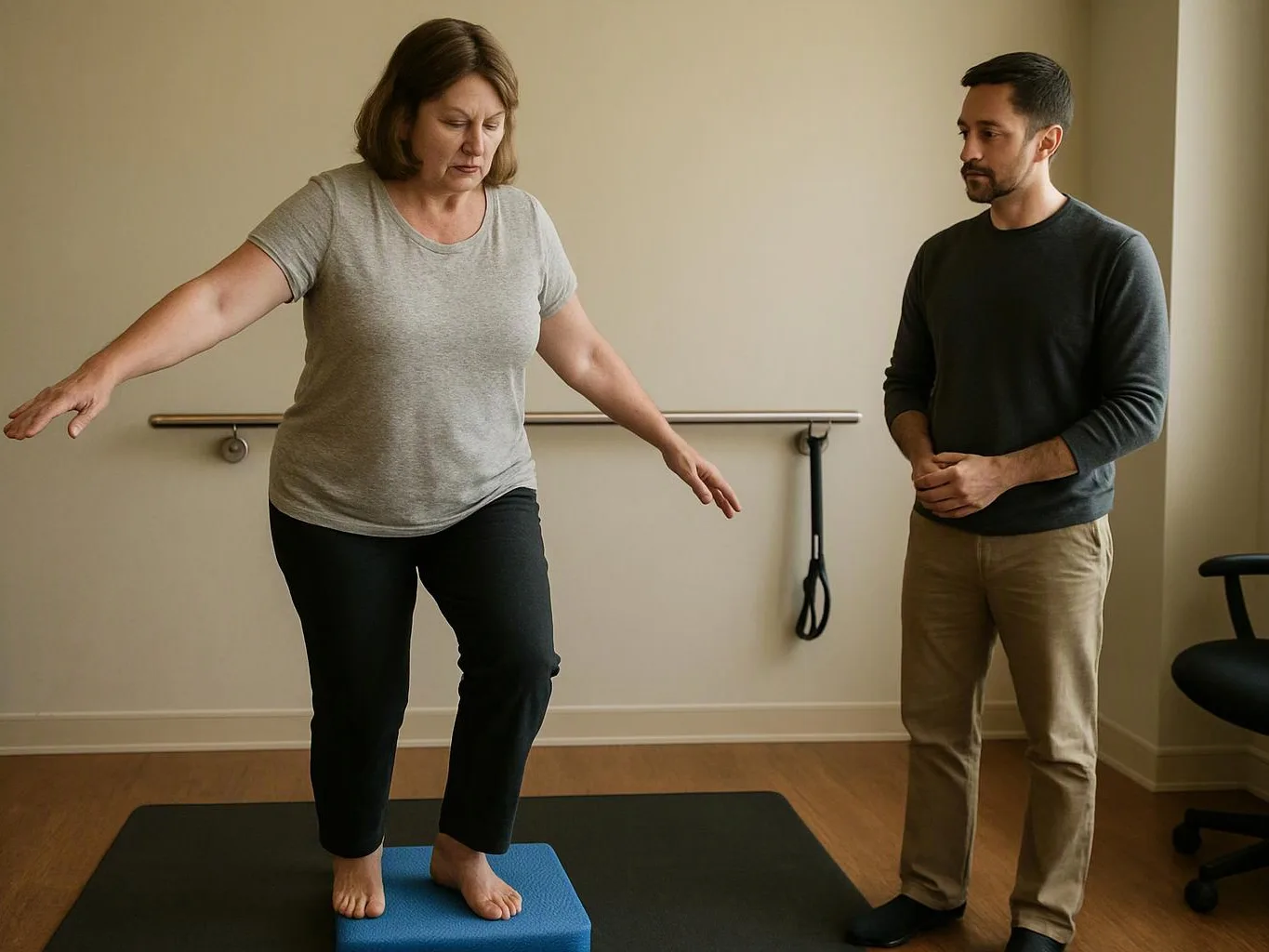 A woman balances on a blue foam block while a man watches beside her in a therapy room