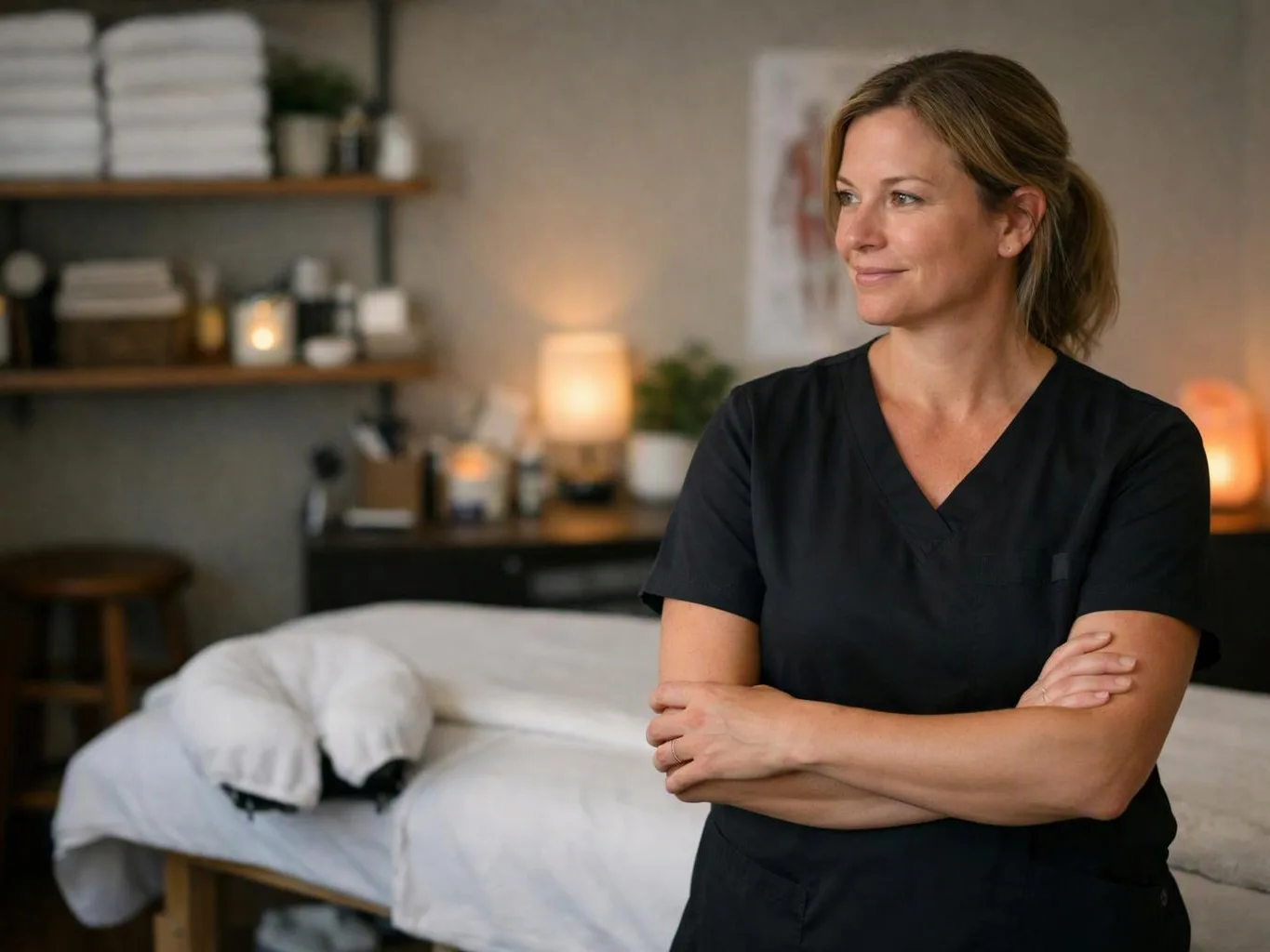 A woman in black scrubs stands with folded arms in a softly lit massage room