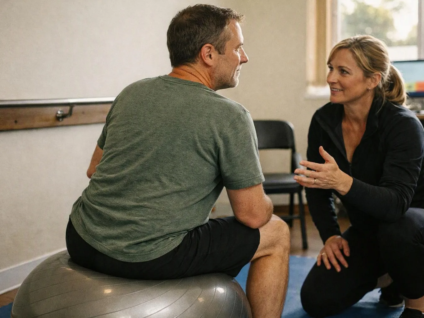 A woman kneels beside a seated man, talking in a bright exercise room