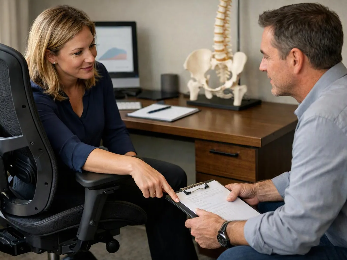 A woman points at a clipboard while speaking with a seated man in a medical office