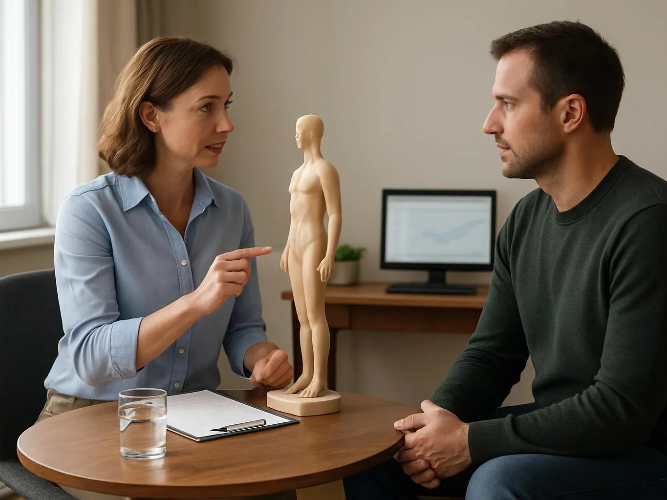 A woman points at a human anatomy model while speaking to a seated man across a small table in an office