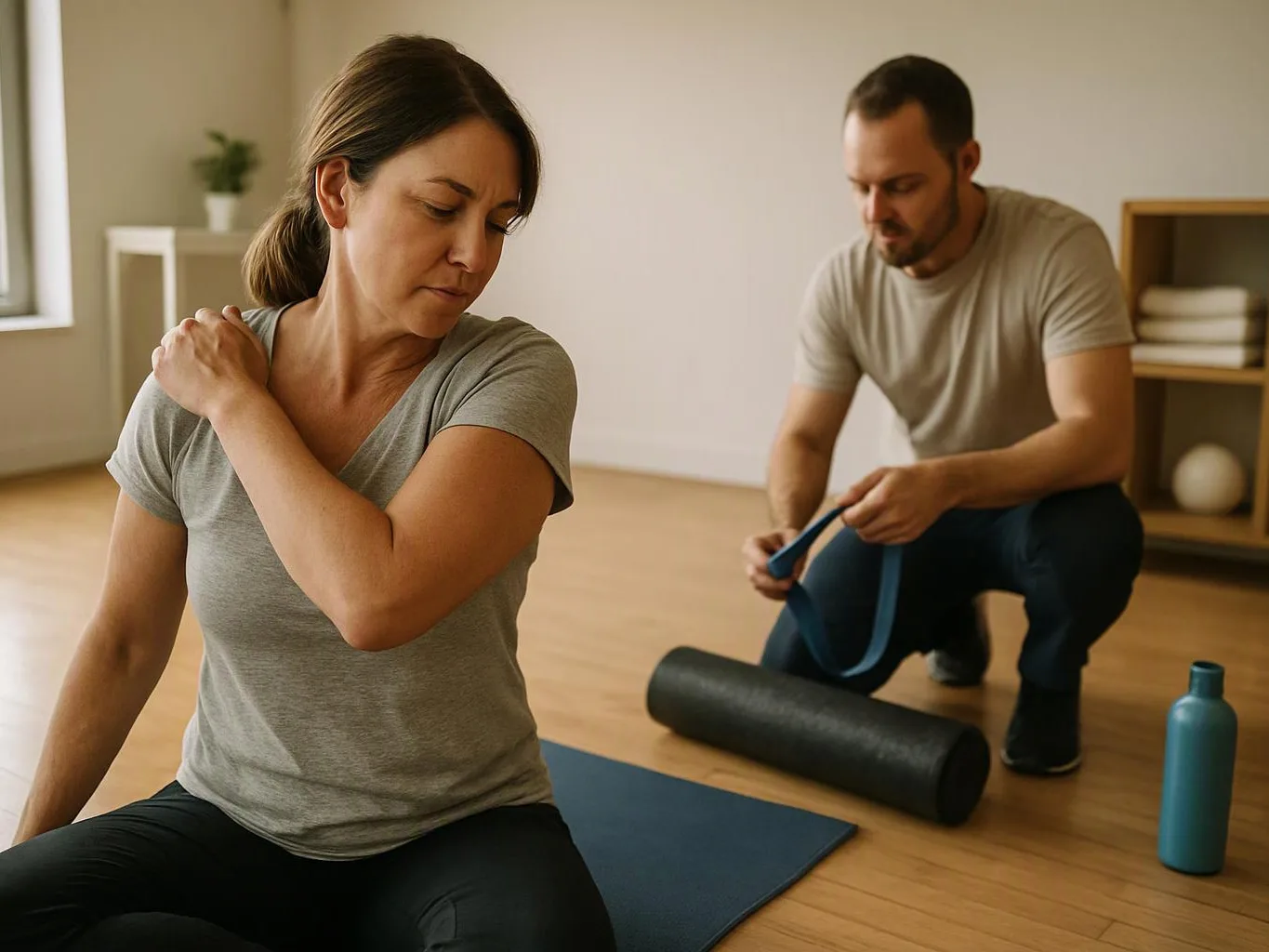 A woman rubs her shoulder on a yoga mat while a man kneels beside a foam roller and stretch strap in a studio