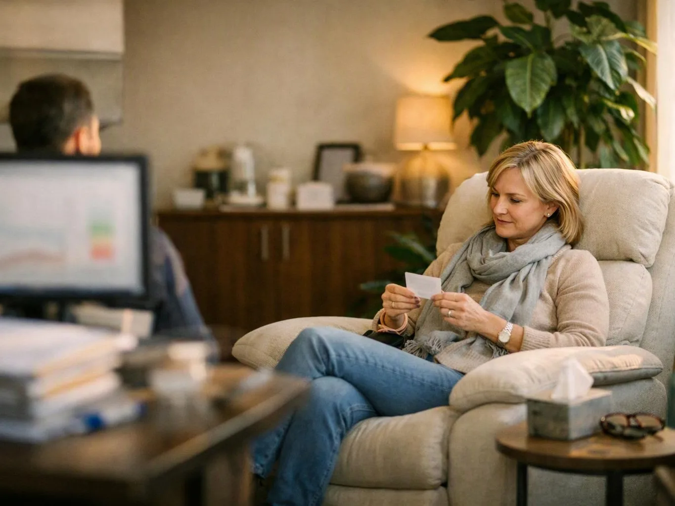 A woman sits in a cushioned chair reading a small card in a cozy office with plants and a lamp