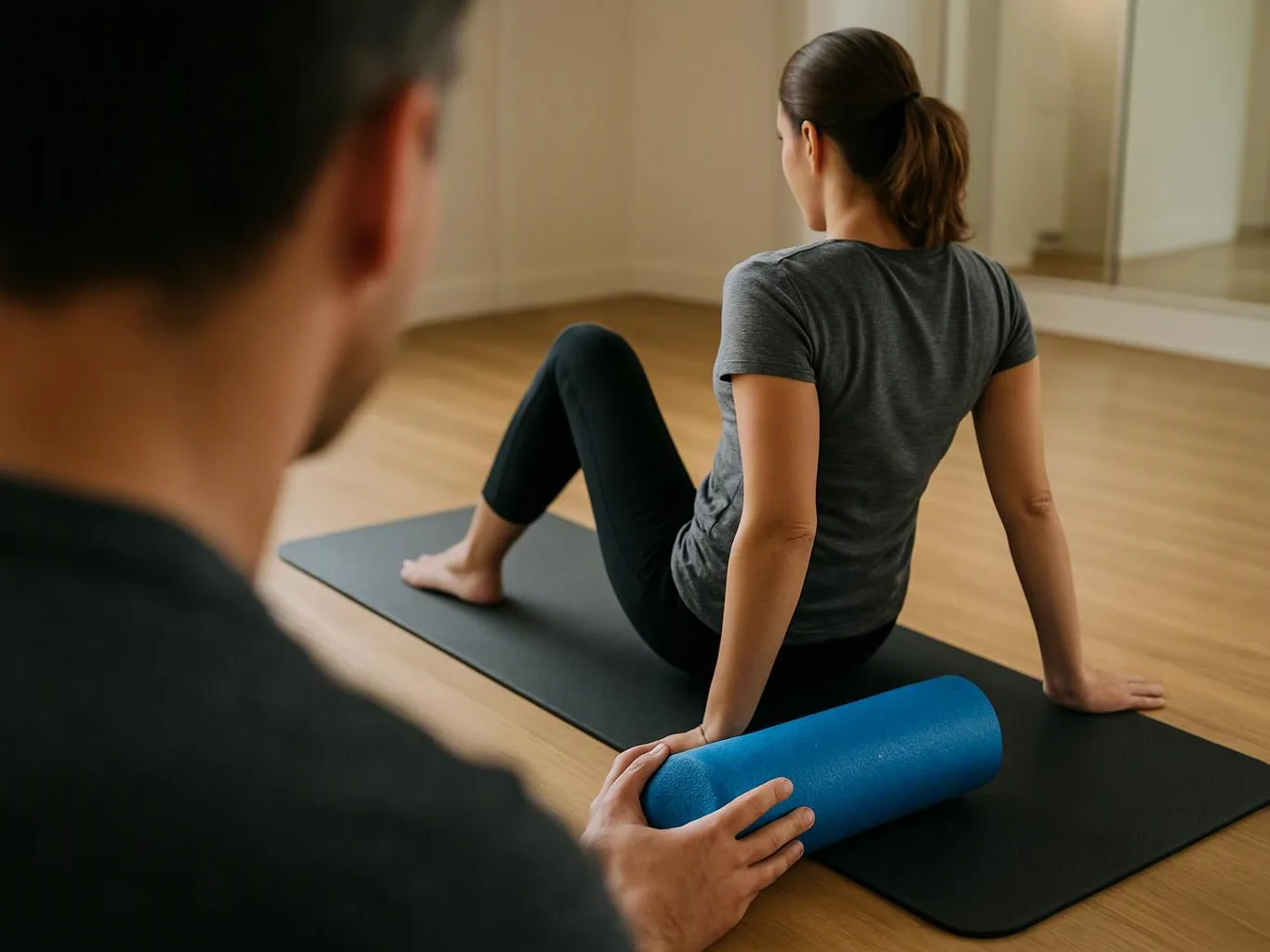 A woman sits on a yoga mat while a man holds a blue foam roller in a bright studio