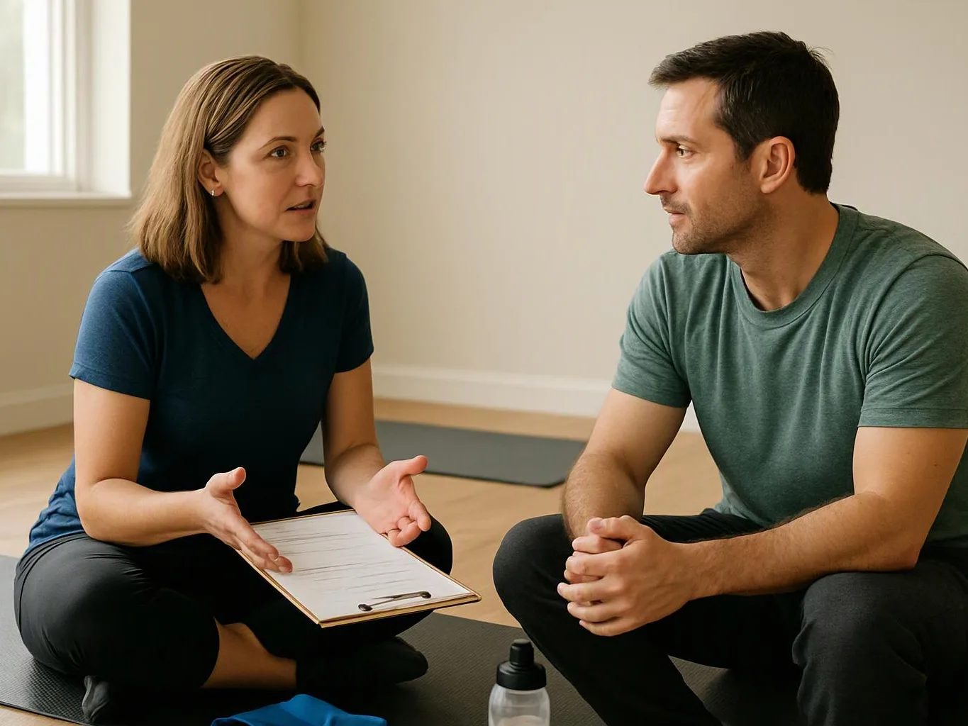 A woman speaks to a seated man in a bright room, holding a clipboard during a yoga mat conversation