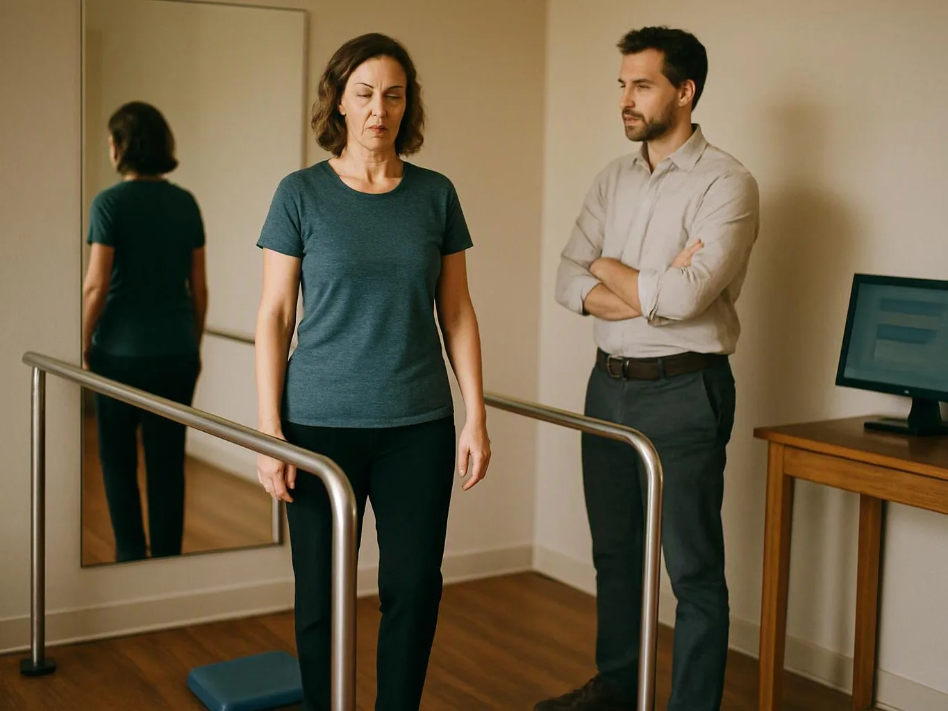 A woman stands between parallel bars in a therapy room while a man watches beside a monitor