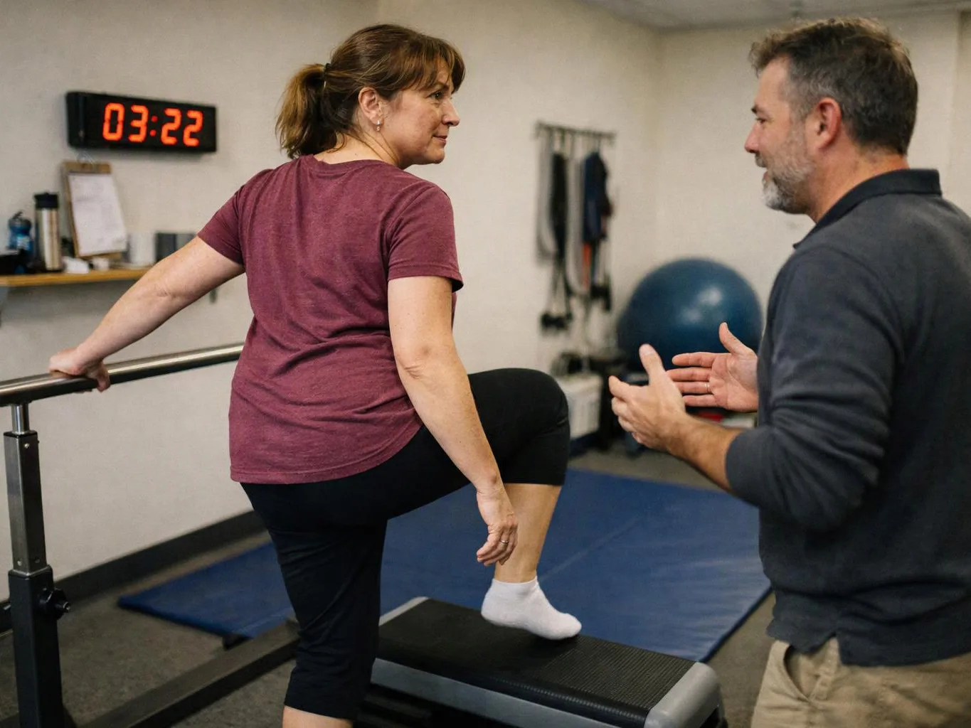 A woman steps onto a bench while holding a barre as a man coaches her in a gym room