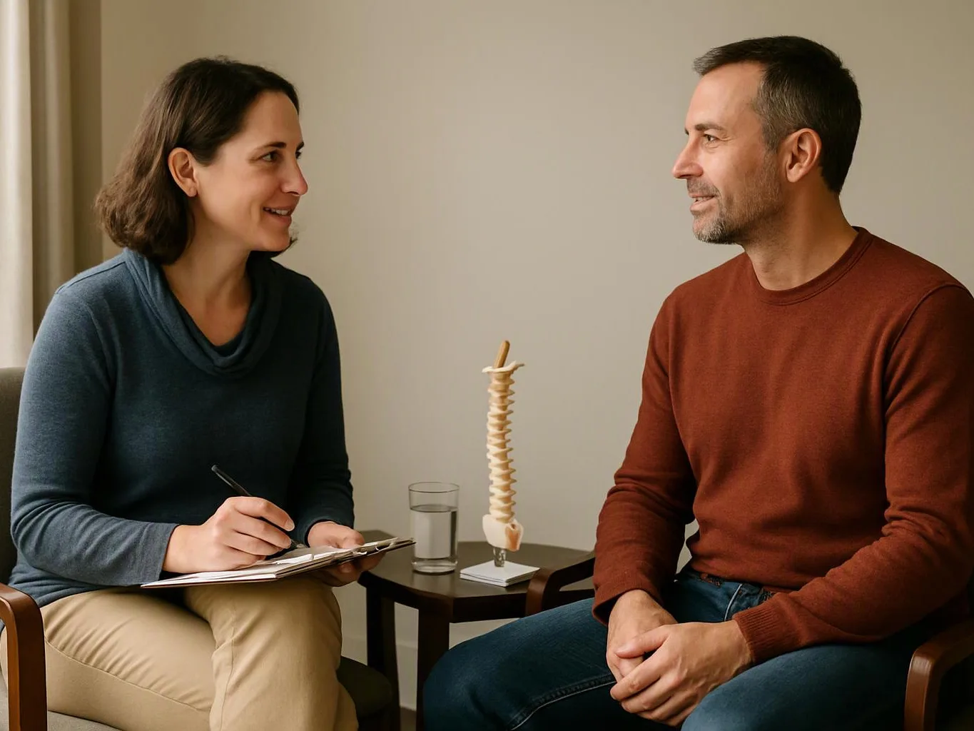 A woman takes notes while talking with a man beside a spine model in a simple 상담 room