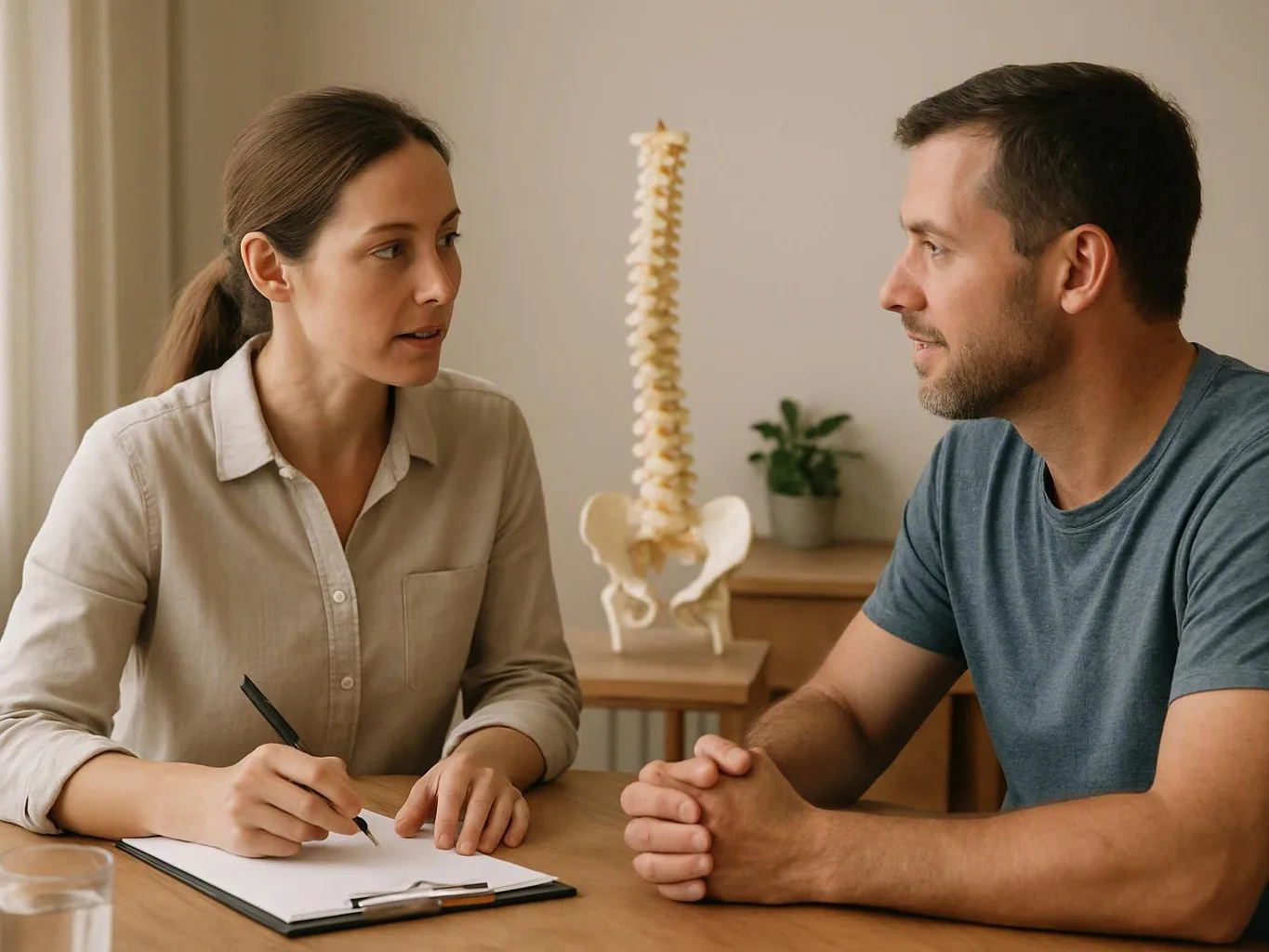 A woman writes on a clipboard while talking with a man in a clinic room, with a spine model behind them