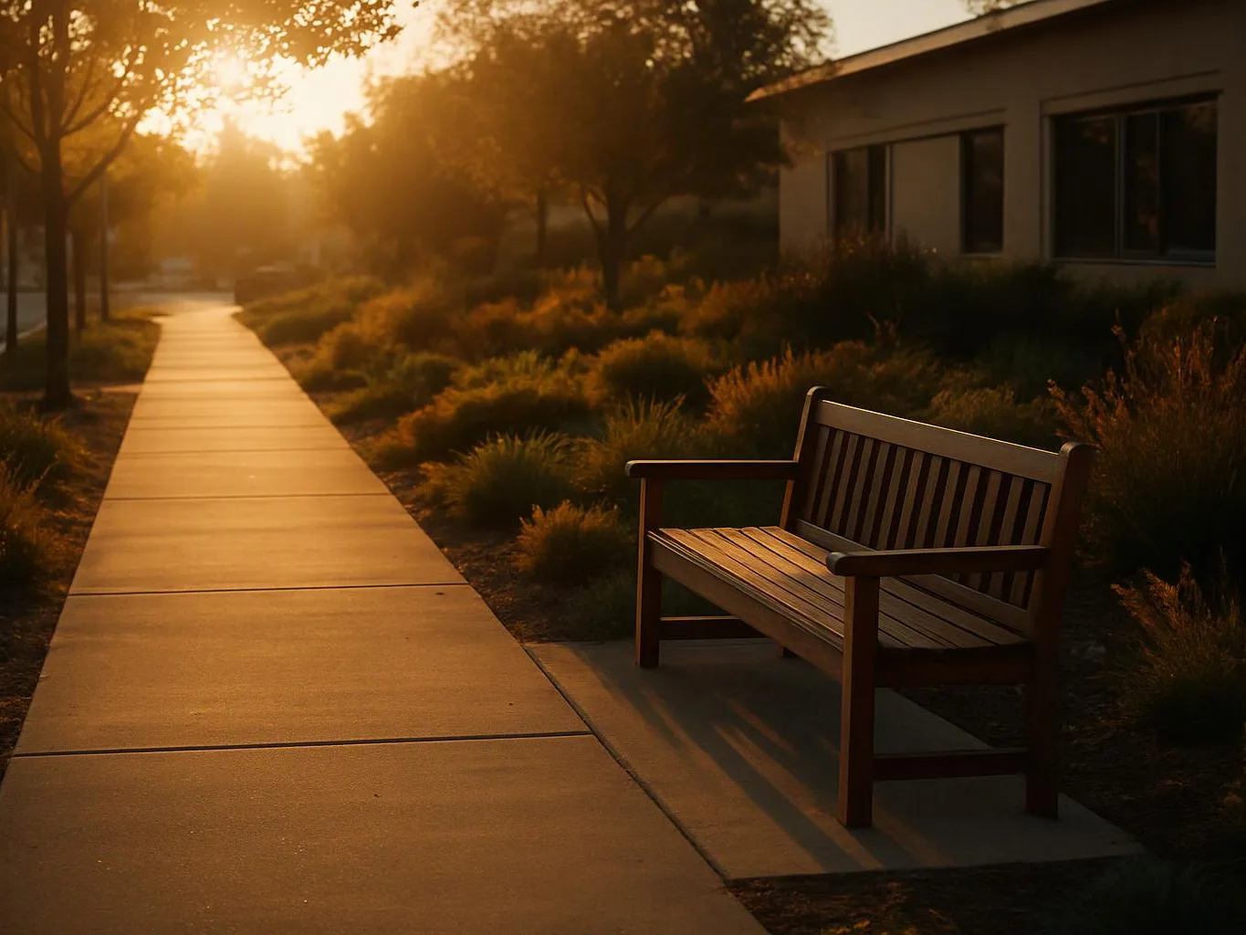 A wooden bench sits beside a sunlit sidewalk lined with trees and shrubs