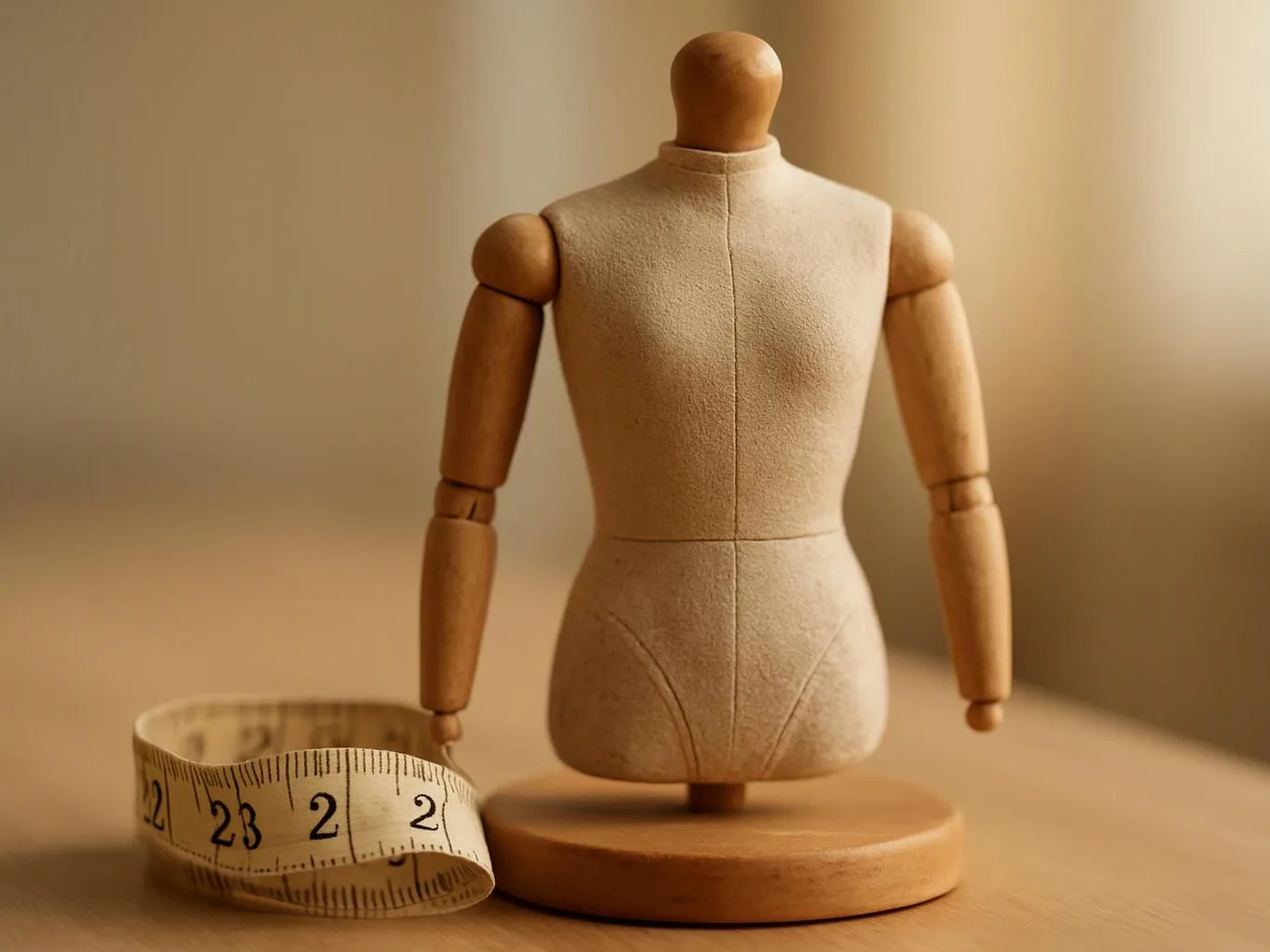 A wooden dress form stands on a round base beside a coiled measuring tape on a table