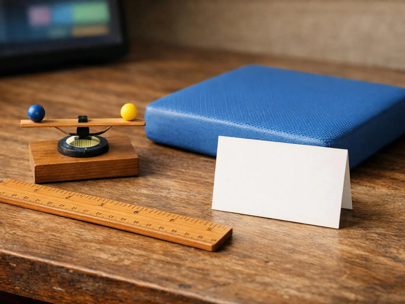A wooden ruler, balancing toy, blue notebook, and blank tent card rest on a wooden desk