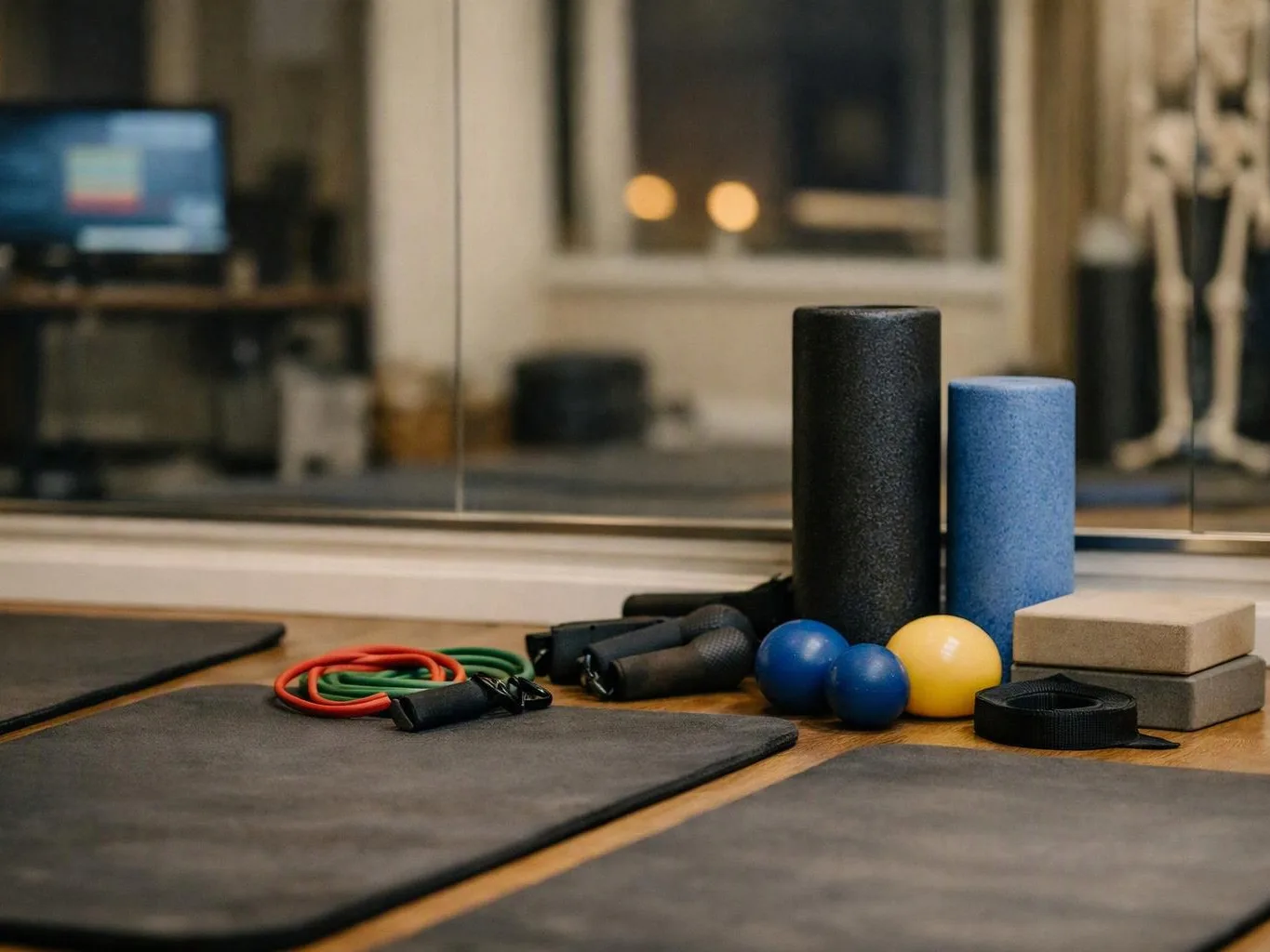 Yoga mats and exercise props rest on a wooden floor beside a mirrored wall in a studio